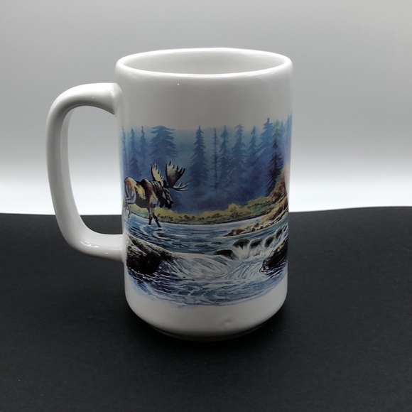 Moose mug w/ beautiful river mountain, forest scenery on both sides. 5" tall - Picture 2 of 8